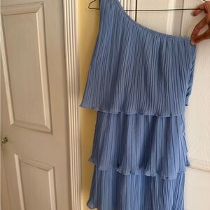 Blue One-Shoulder Pleated Dress